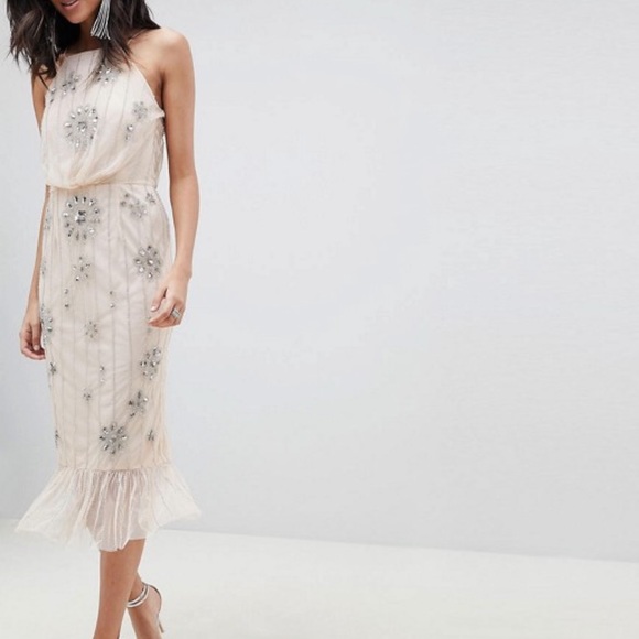 ASOS Dresses & Skirts - 🌸 NWT ASOS Nude beaded peplum cami pencil dress